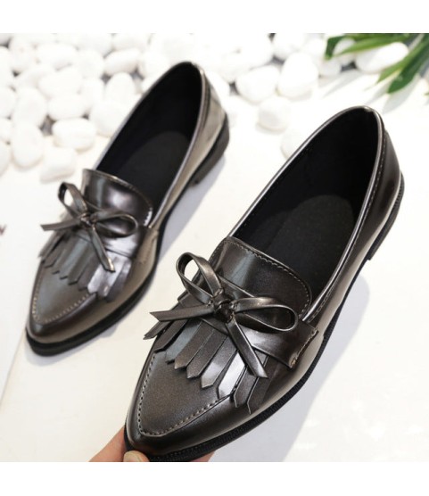 Casual Tassel Bow Pointed Toe Black Oxford Shoes